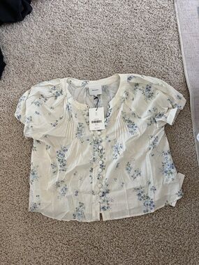 Reformation Cream Short-Sleeve Floral Button-Up Blouse